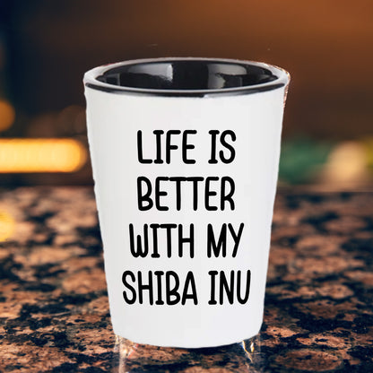 Shiba Inu Dog Shot Glass - Life is Better with My Shiba Inu Mom's Day Gift, Funny Quote, White Ceramic, 1.5oz, Microwave and Dishwasher Safe, Gifts from Family, Gifts for Shiba Inu Dog Lovers - Mallard Moon Gift Shop