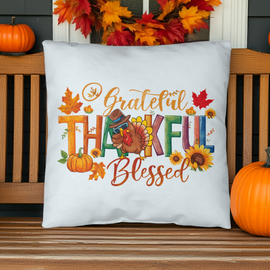 Grateful Thankful Blessed Pillow – Colorful Turkey & Pumpkin Thanksgiving Cushion – Indoor/Outdoor, 3 Sizes - Mallard Moon