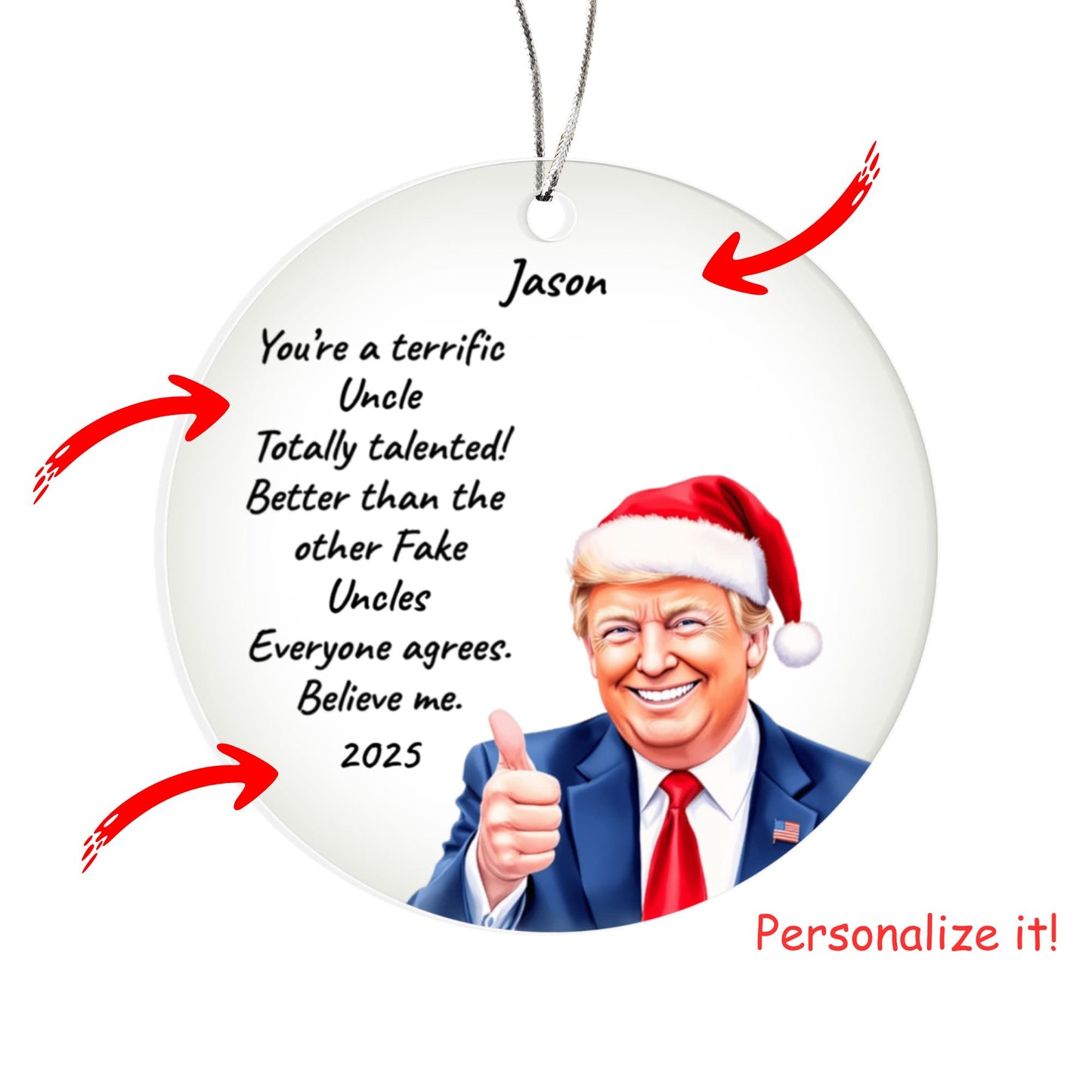 Personalized Trump Christmas Acrylic Ornament – Funny Santa Thumbs-Up Holiday Gift – Custom Name & Year Keepsake