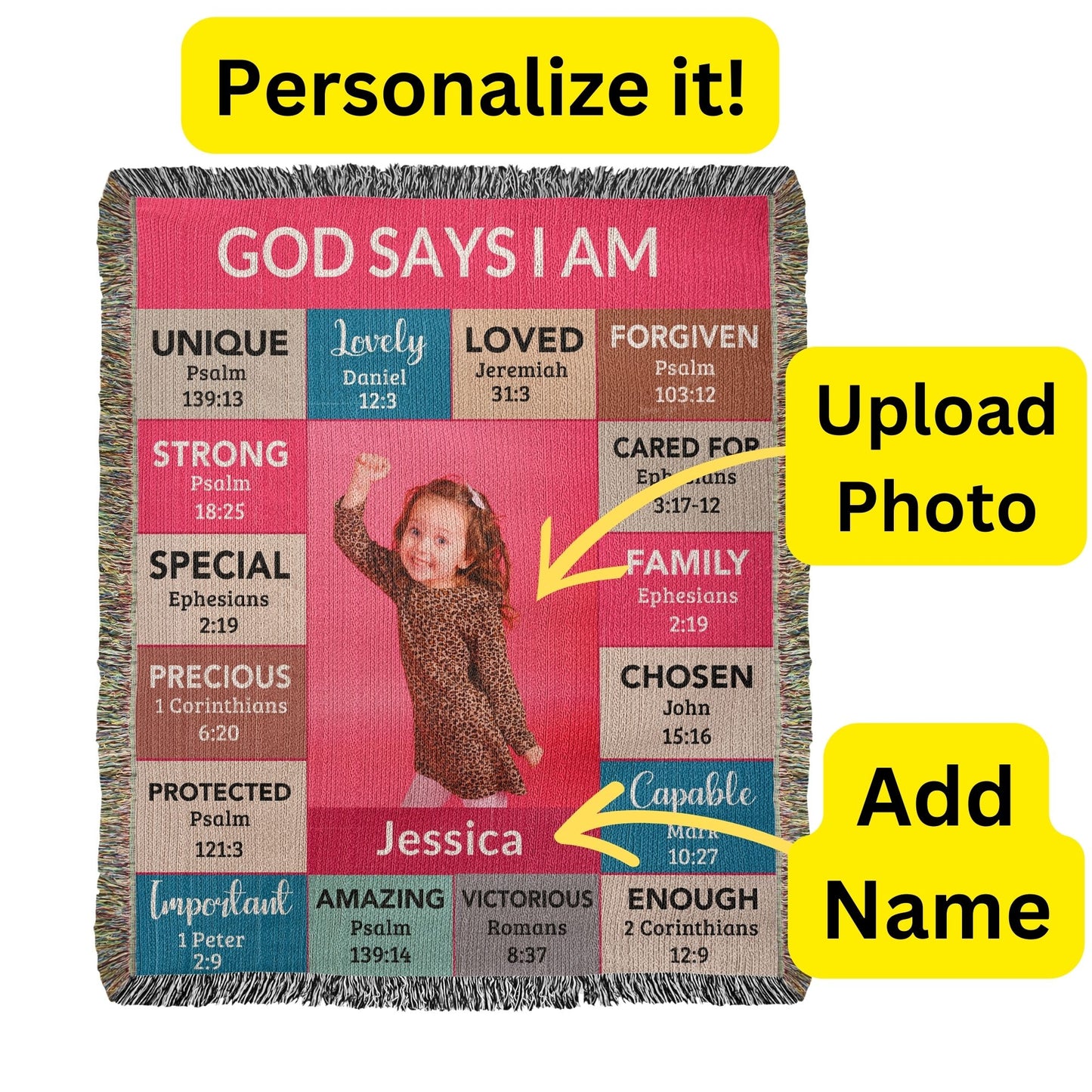 God Says I Am Personalized Woven Blanket – Custom Name & Photo – Christian Throw Blanket with Bible Verses – Faith Gift for Daughter, Granddaughter, Niece, or Goddaughter - Mallard Moon Gift Shop