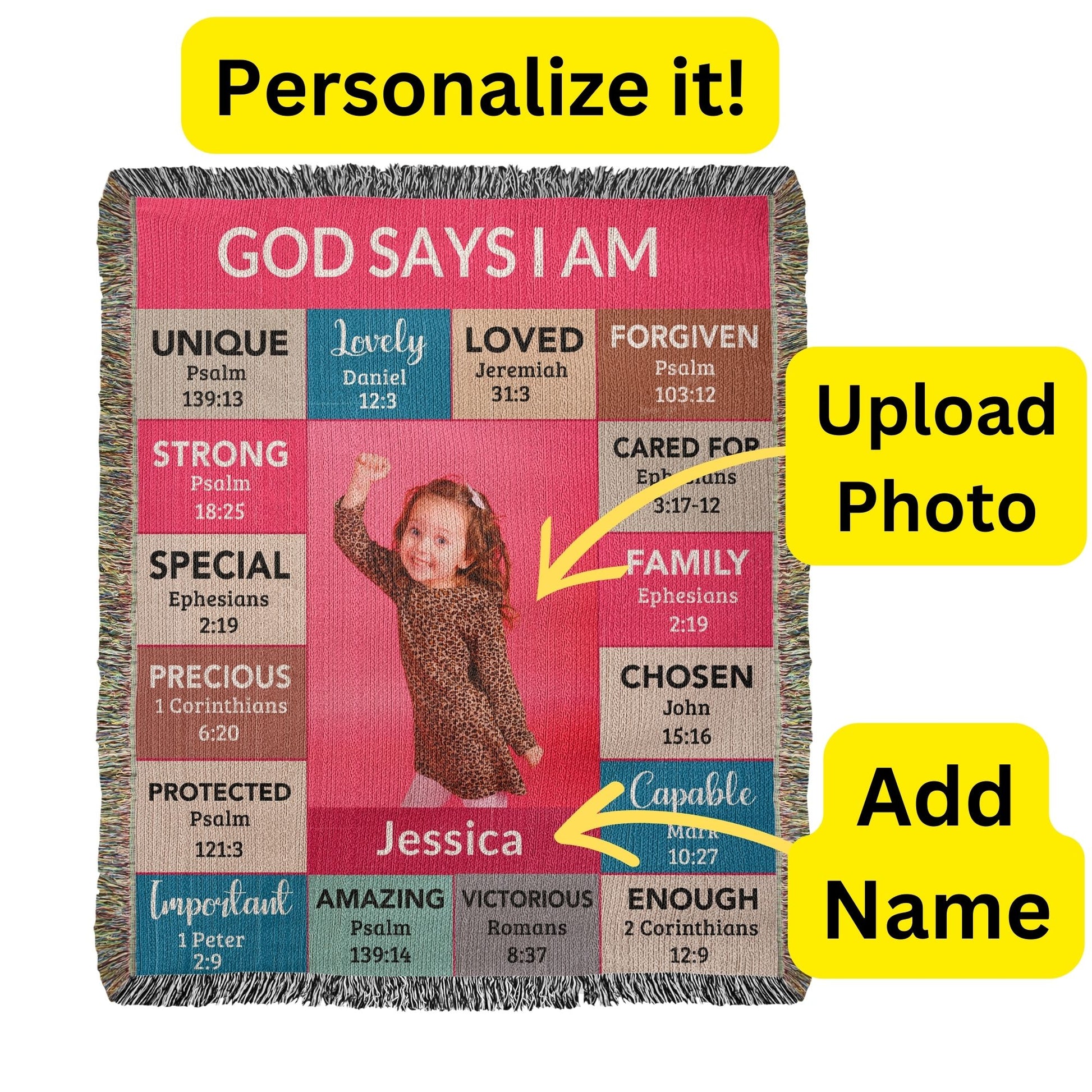 God Says I Am Personalized Woven Blanket – Custom Name & Photo – Christian Throw Blanket with Bible Verses – Faith Gift for Daughter, Granddaughter, Niece, or Goddaughter - Mallard Moon Gift Shop