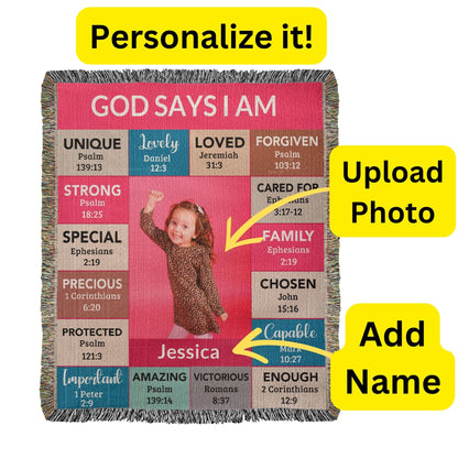 God Says I Am Personalized Woven Blanket – Custom Name & Photo – Christian Throw Blanket with Bible Verses – Faith Gift for Daughter, Granddaughter, Niece, or Goddaughter - Mallard Moon Gift Shop