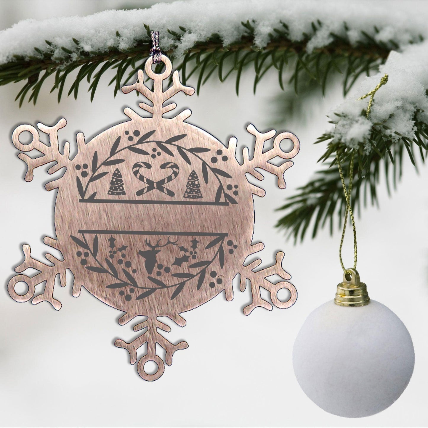 Personalized Family Name Laser Engraved Stainless Steel Snowflake Tree Ornament Candy Canes