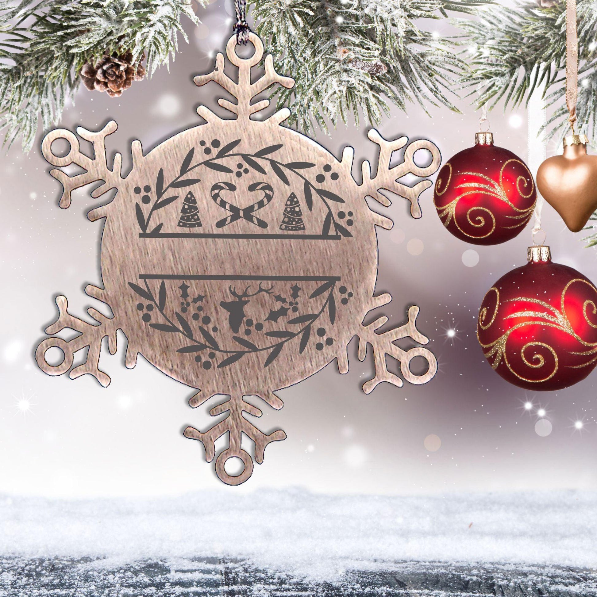 Personalized Family Name Laser Engraved Stainless Steel Snowflake Tree Ornament Candy Canes