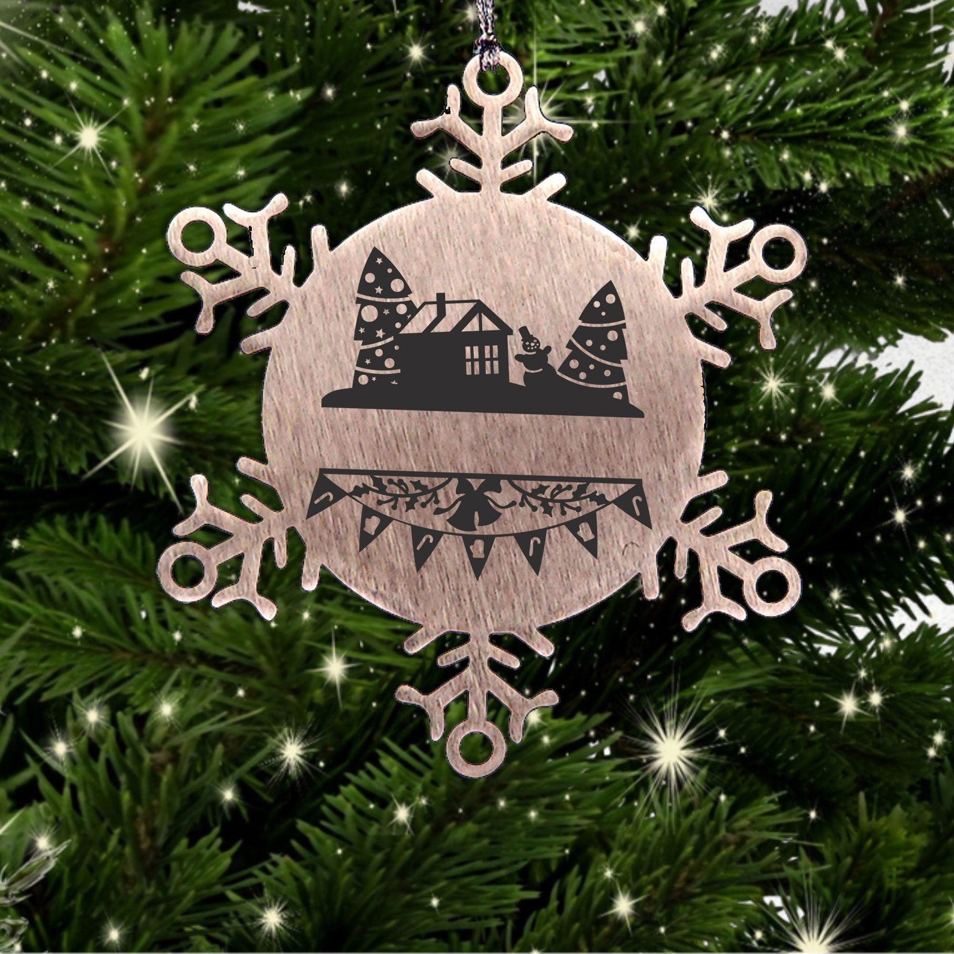 Personalized Family Name Laser Engraved Stainless Steel Snowflake Tree Ornament - Home for the Holidays