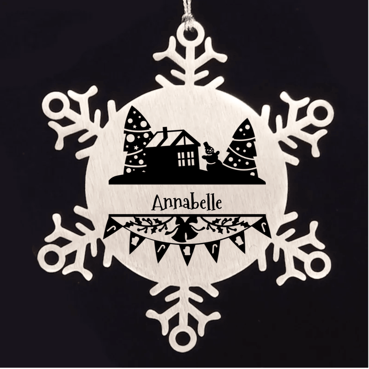 Personalized Family Name Laser Engraved Stainless Steel Snowflake Tree Ornament - Home for the Holidays