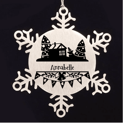 Personalized Family Name Laser Engraved Stainless Steel Snowflake Tree Ornament - Home for the Holidays