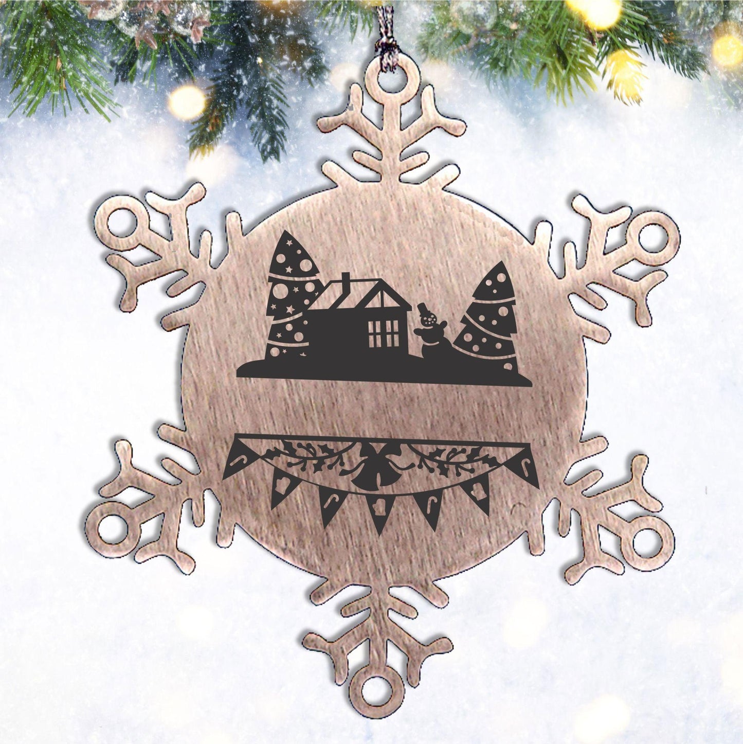 Personalized Family Name Laser Engraved Stainless Steel Snowflake Tree Ornament - Home for the Holidays