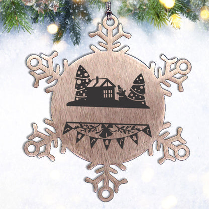 Personalized Family Name Laser Engraved Stainless Steel Snowflake Tree Ornament - Home for the Holidays