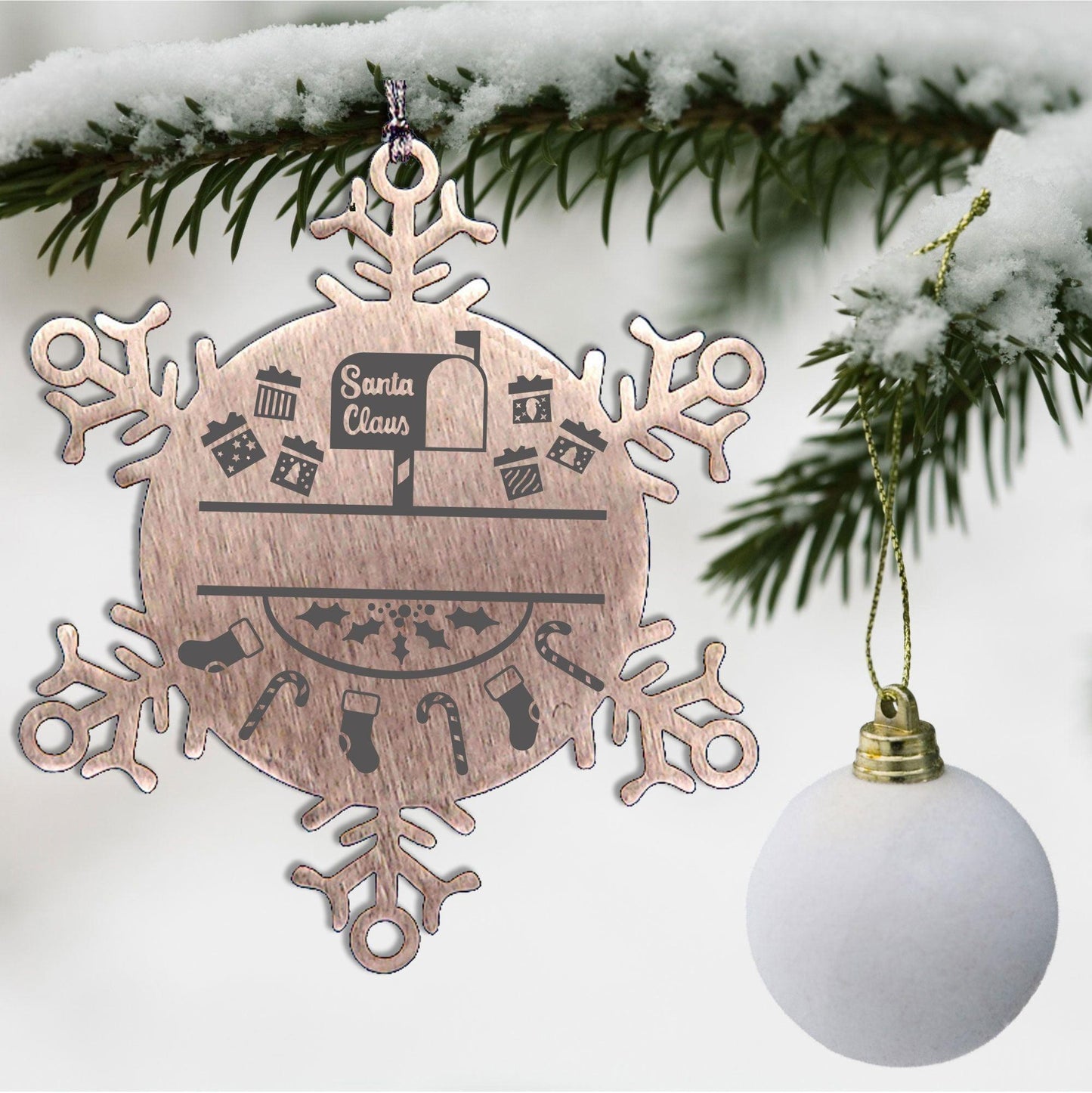 Personalized Family Name Laser Engraved Stainless Steel Snowflake Tree Ornament Santa's Mail