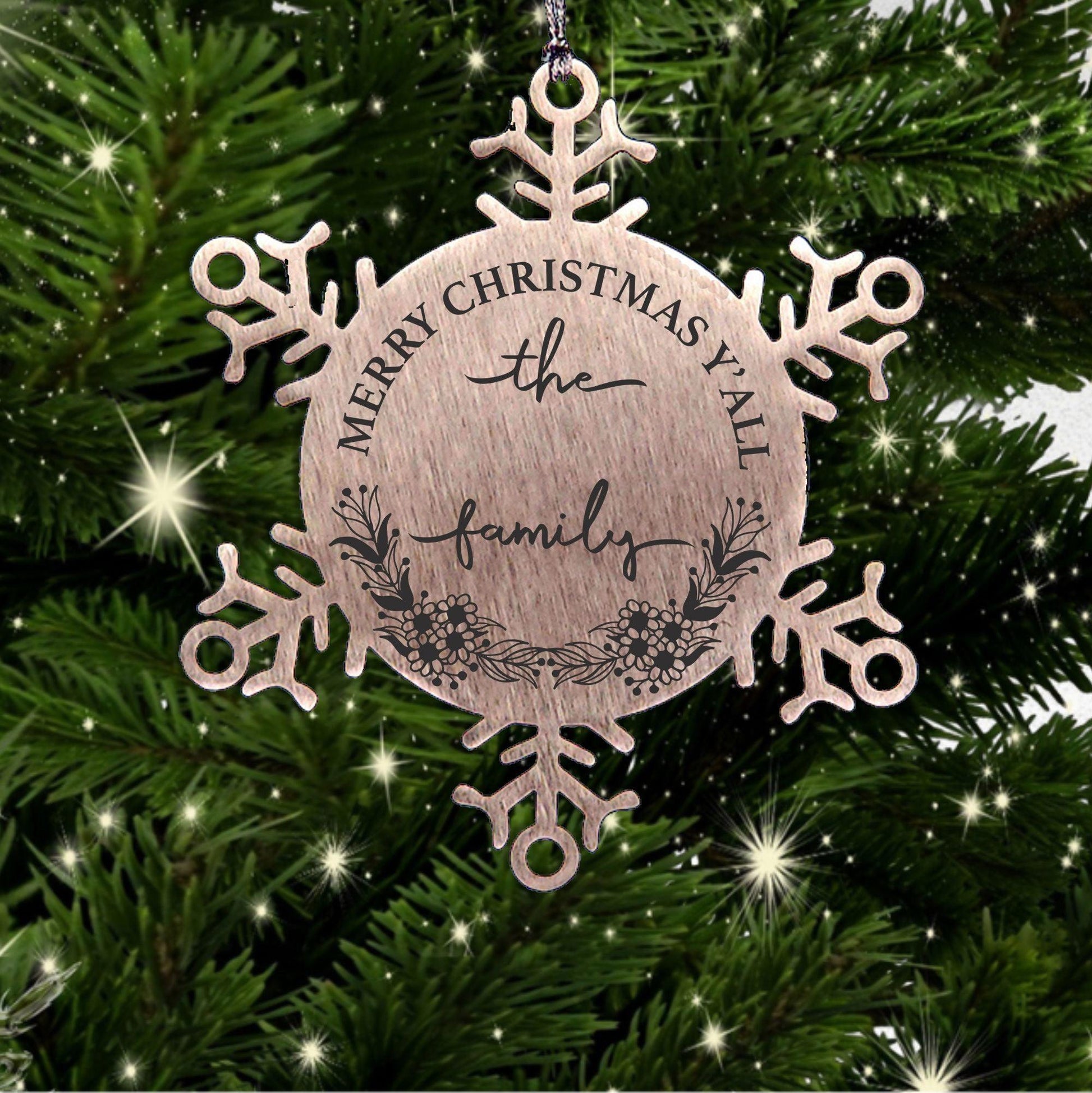 Personalized Merry Christmas Y'all Stainless Steel Laser Engraved Snowflake Tree Ornament