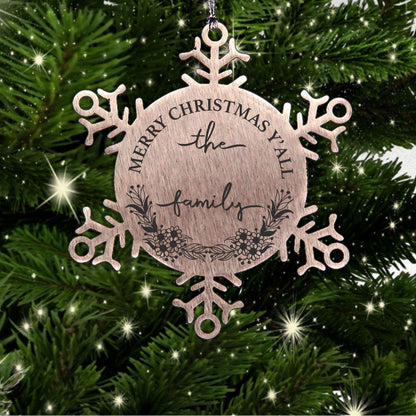 Personalized Merry Christmas Y'all Stainless Steel Laser Engraved Snowflake Tree Ornament