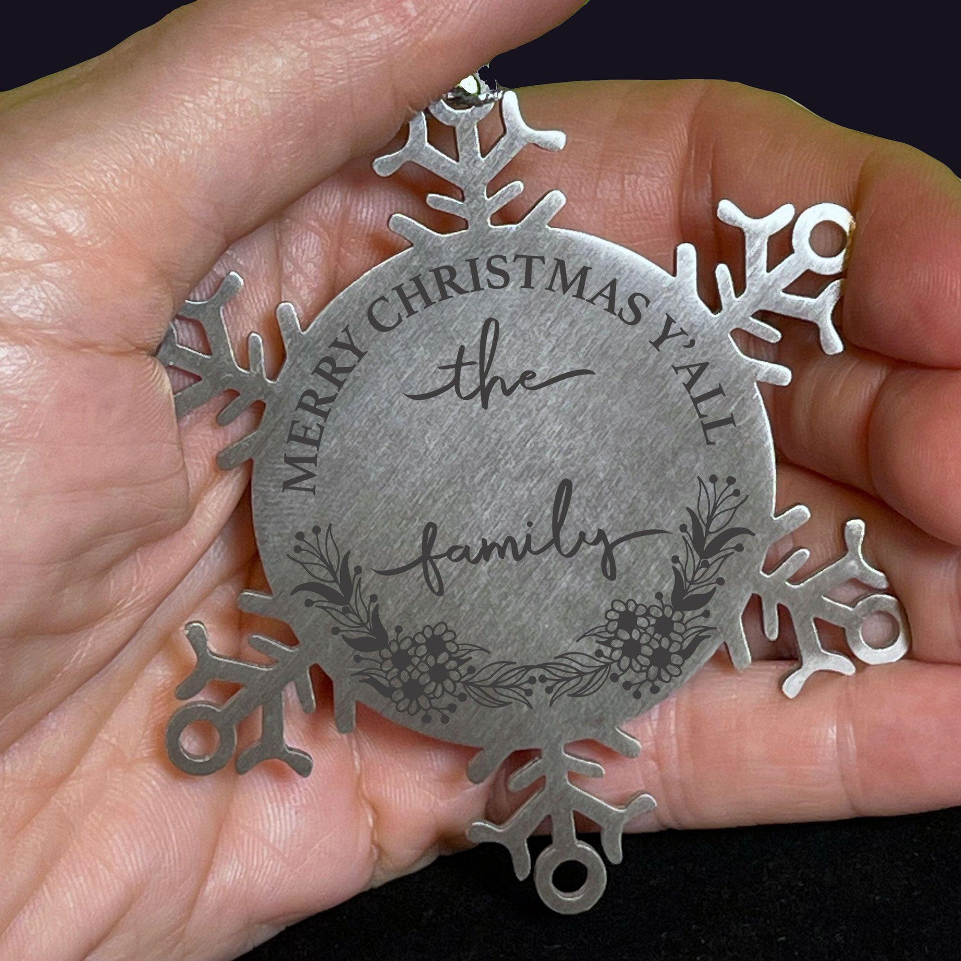 Personalized Merry Christmas Y'all Stainless Steel Laser Engraved Snowflake Tree Ornament