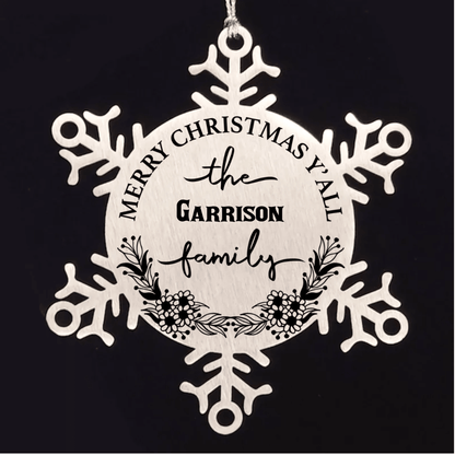 Personalized Merry Christmas Y'all Stainless Steel Laser Engraved Snowflake Tree Ornament