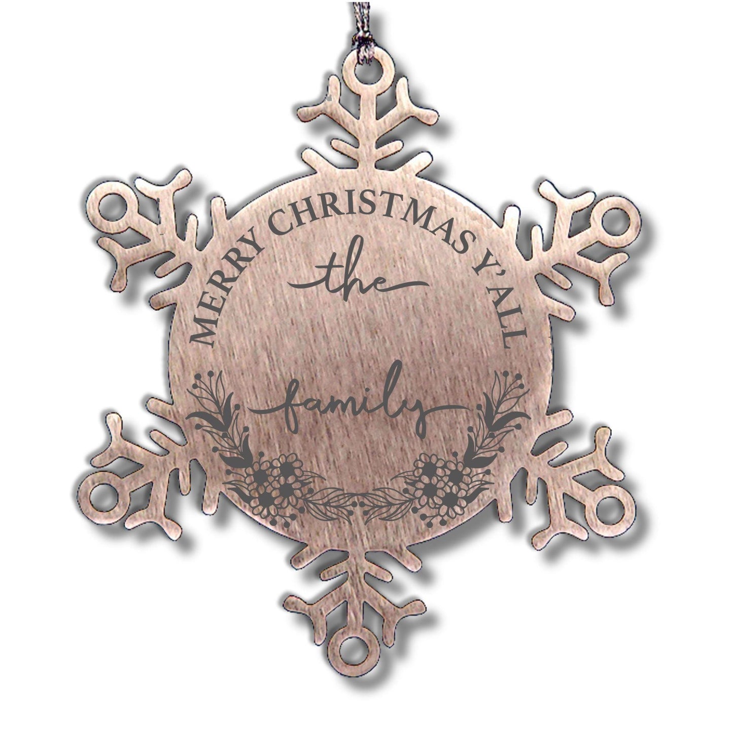Personalized Merry Christmas Y'all Stainless Steel Laser Engraved Snowflake Tree Ornament