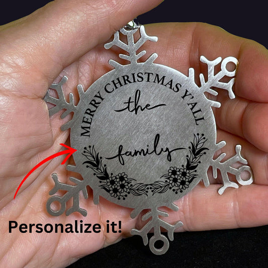 Personalized Merry Christmas Y'all Stainless Steel Laser Engraved Snowflake Tree Ornament