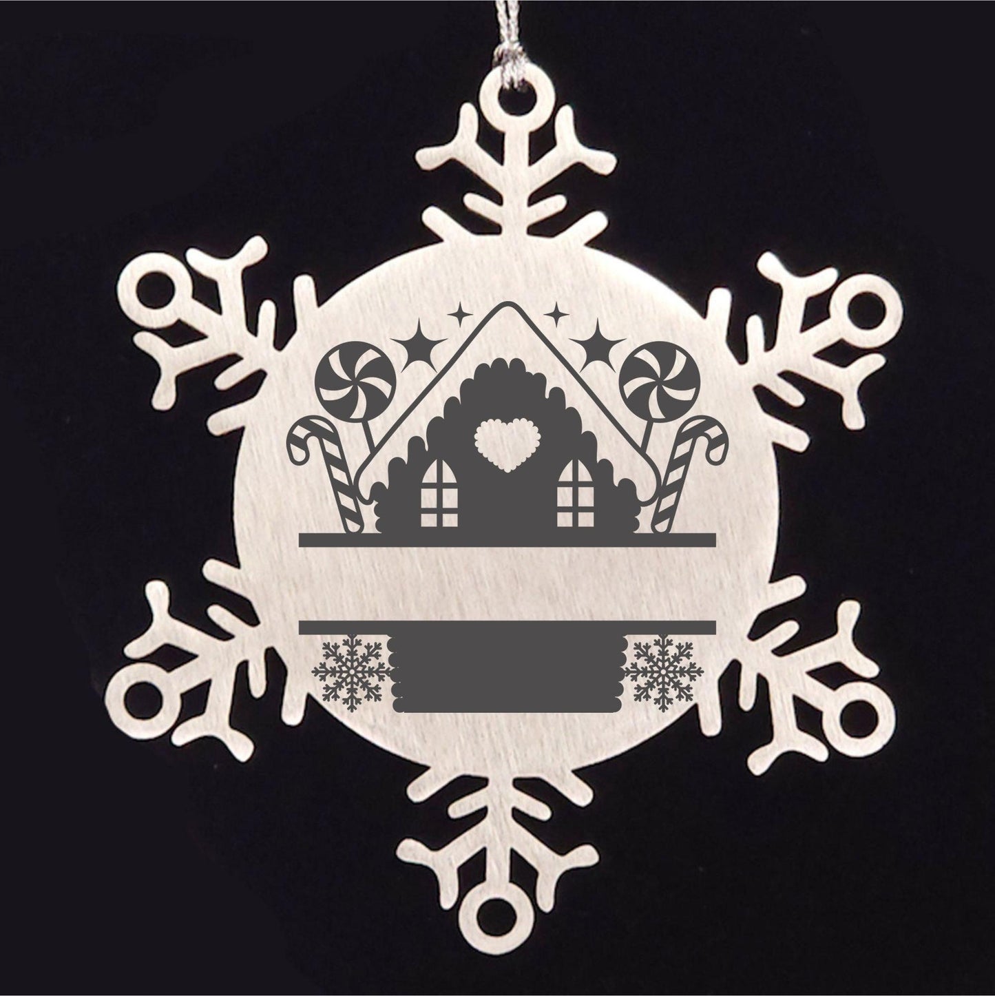 Personalized Snowflake Tree Ornament Family Name Laser Engraved Stainless Steel Gingerbread House