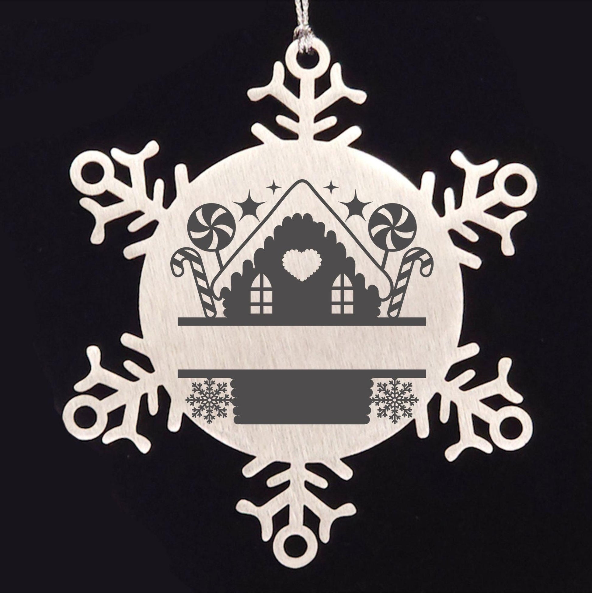 Personalized Snowflake Tree Ornament Family Name Laser Engraved Stainless Steel Gingerbread House