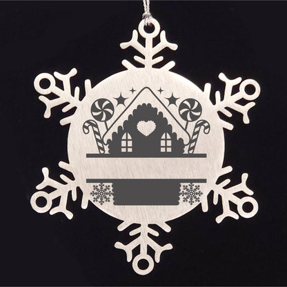 Personalized Snowflake Tree Ornament Family Name Laser Engraved Stainless Steel Gingerbread House