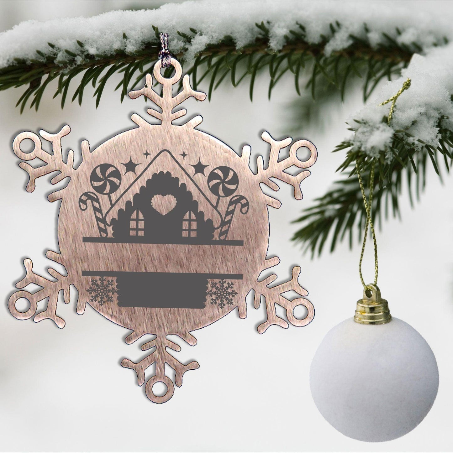 Personalized Snowflake Tree Ornament Family Name Laser Engraved Stainless Steel Gingerbread House