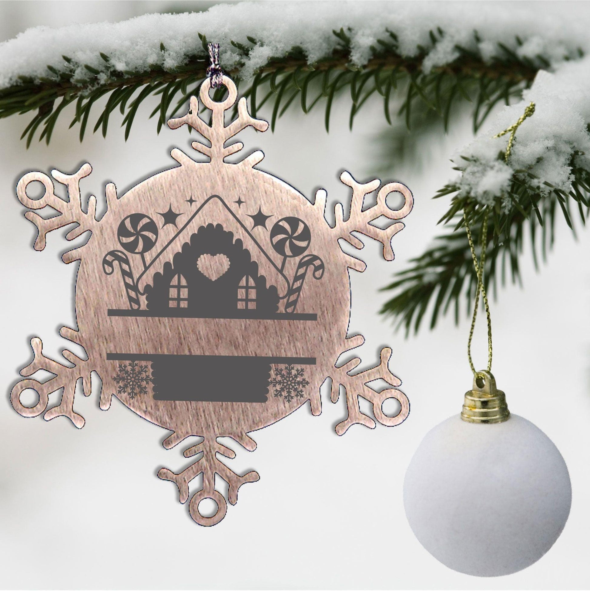 Personalized Snowflake Tree Ornament Family Name Laser Engraved Stainless Steel Gingerbread House