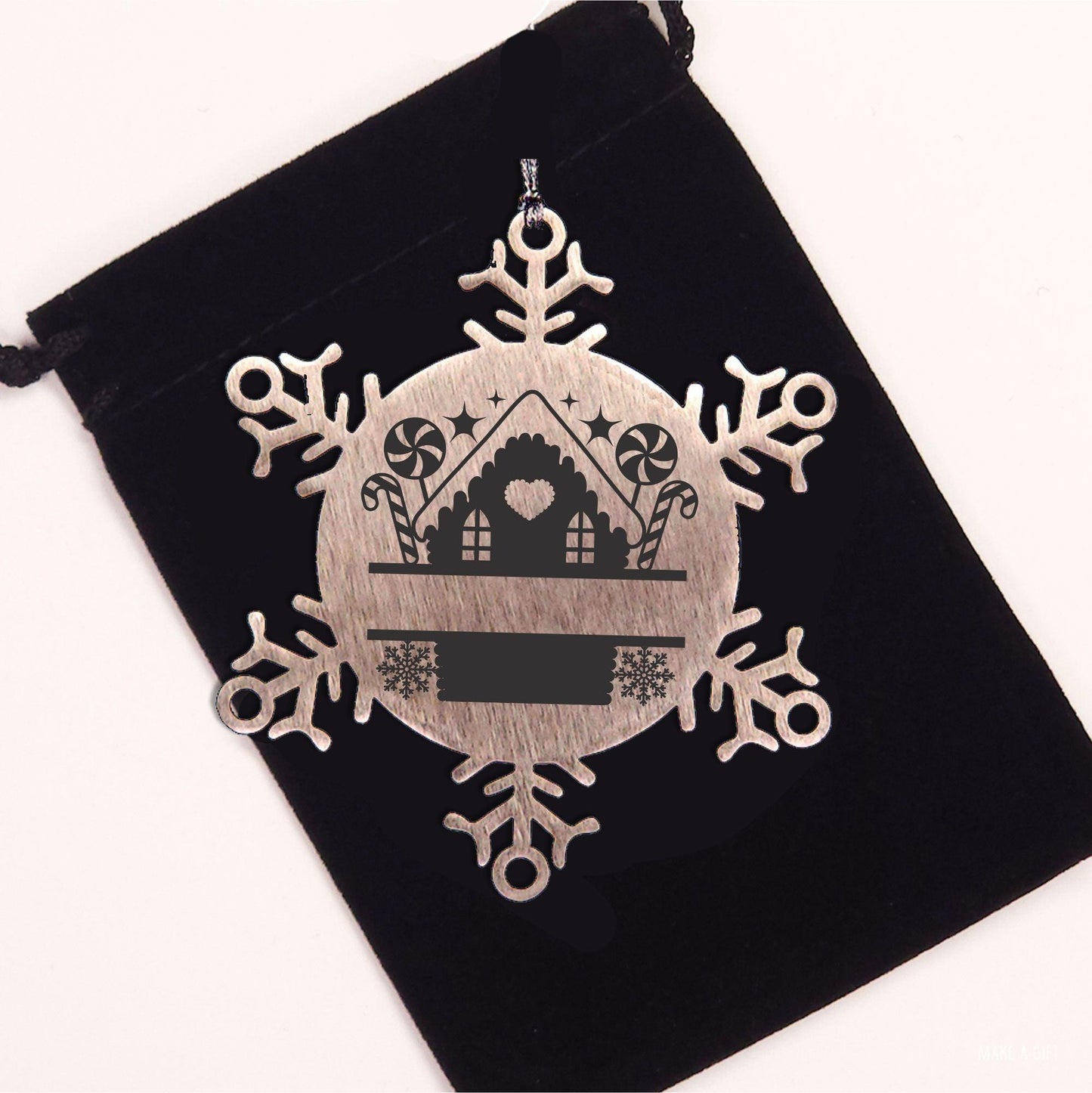 Personalized Snowflake Tree Ornament Family Name Laser Engraved Stainless Steel Gingerbread House