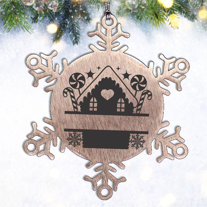 Personalized Snowflake Tree Ornament Family Name Laser Engraved Stainless Steel Gingerbread House