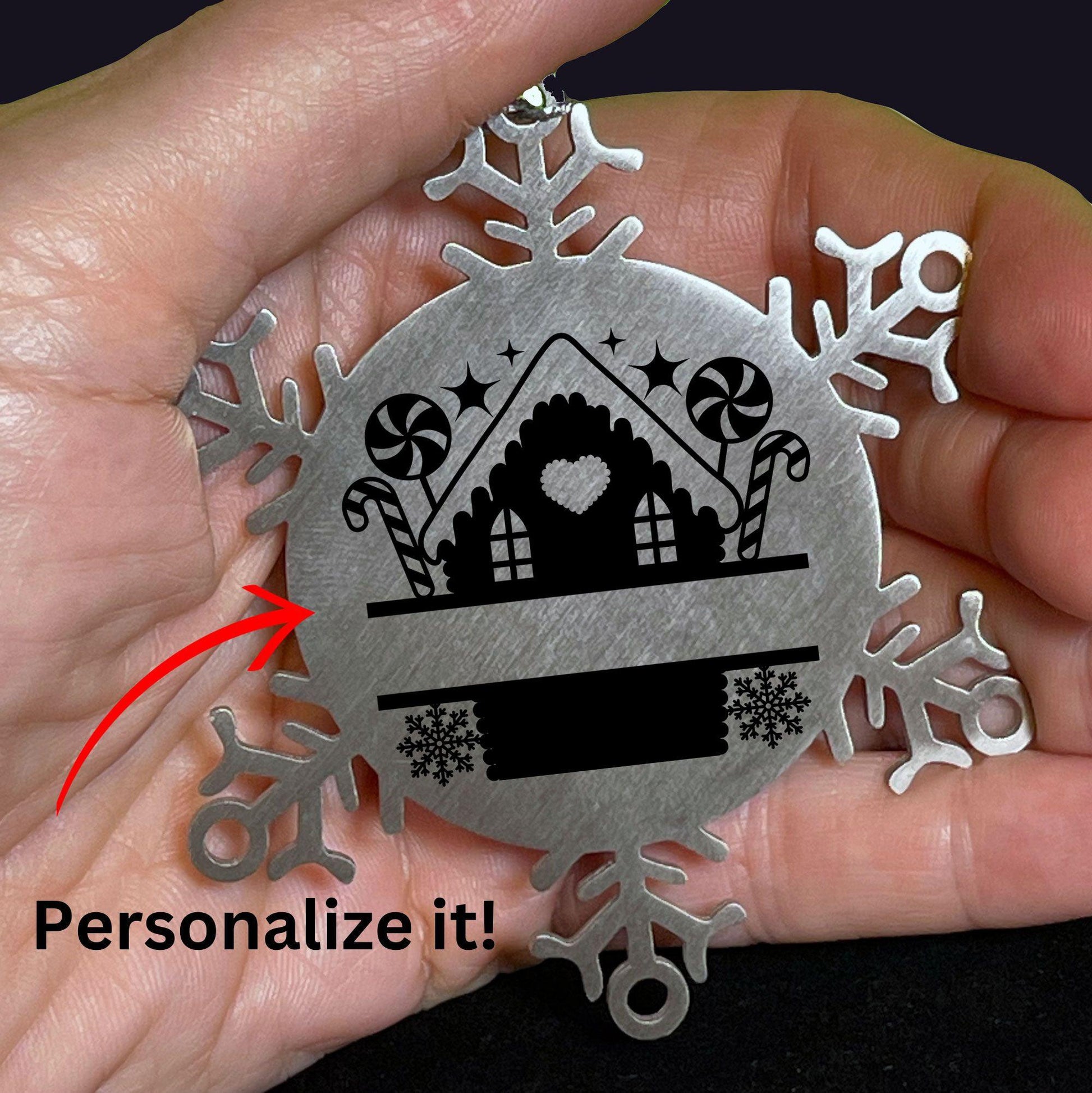 Personalized Snowflake Tree Ornament Family Name Laser Engraved Stainless Steel Gingerbread House