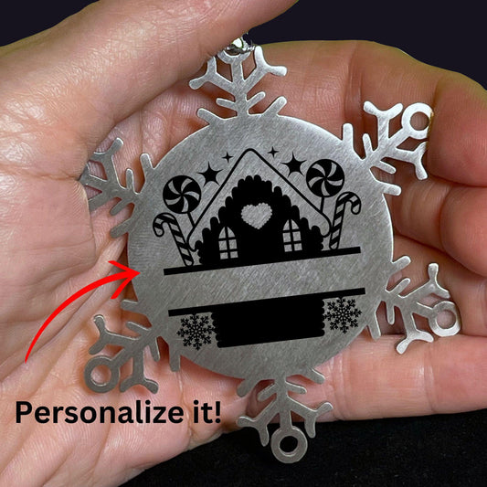 Personalized Snowflake Tree Ornament Family Name Laser Engraved Stainless Steel Gingerbread House