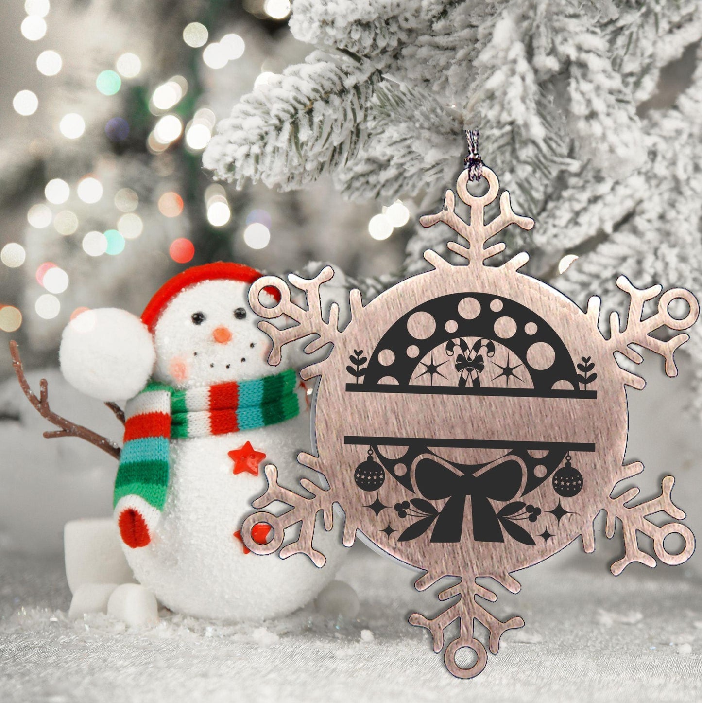 Personalized Snowflake Wreath Tree Ornament Family Name Laser Engraved Stainless Steel