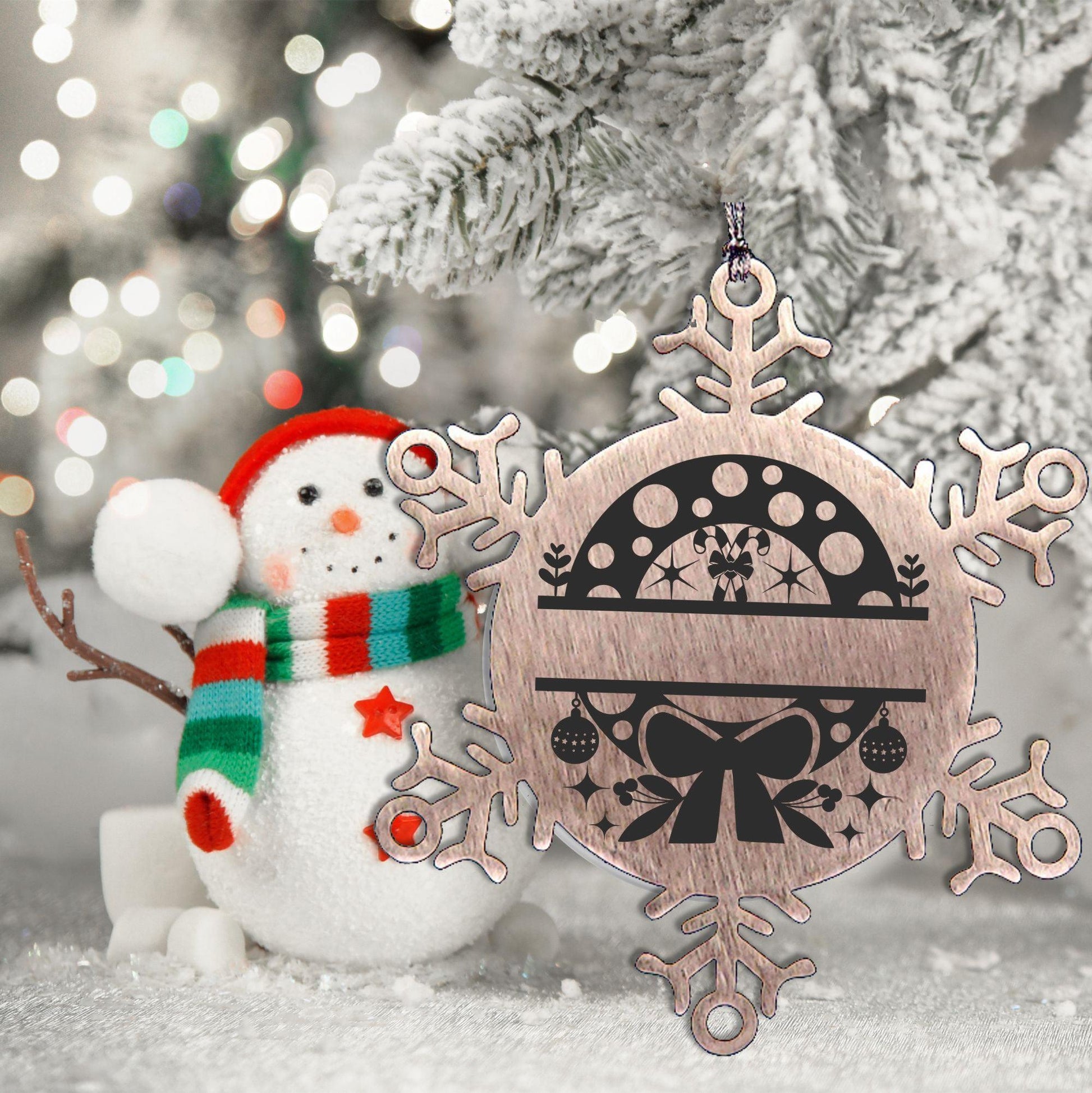 Personalized Snowflake Wreath Tree Ornament Family Name Laser Engraved Stainless Steel