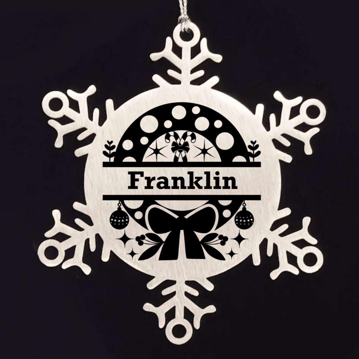 Personalized Snowflake Wreath Tree Ornament Family Name Laser Engraved Stainless Steel