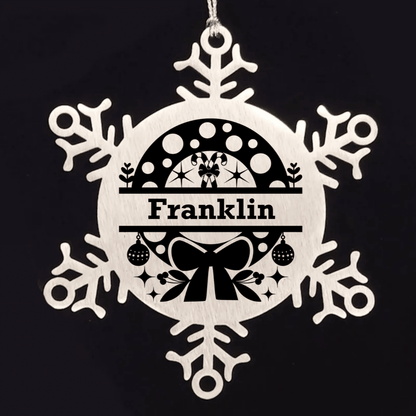 Personalized Snowflake Wreath Tree Ornament Family Name Laser Engraved Stainless Steel