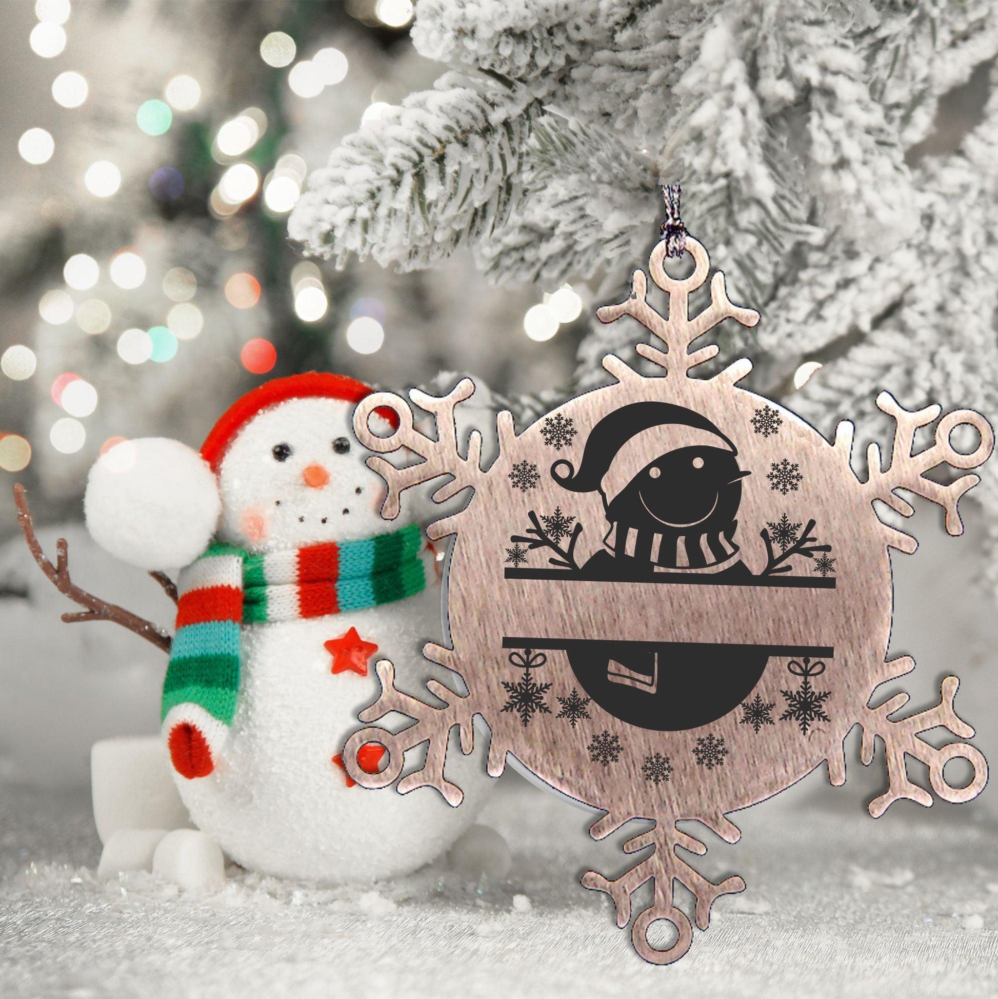 Personalized Snowman Snowflake Tree Ornament Family Name Laser Engraved Stainless Steel