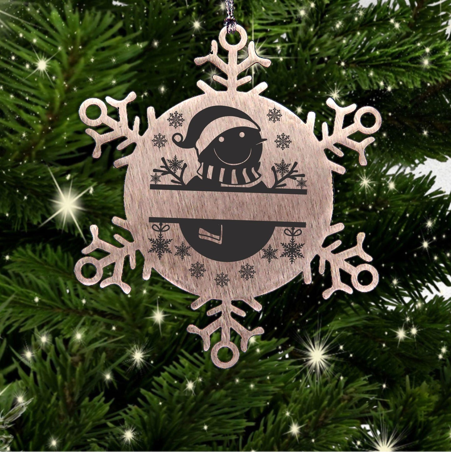 Personalized Snowman Snowflake Tree Ornament Family Name Laser Engraved Stainless Steel