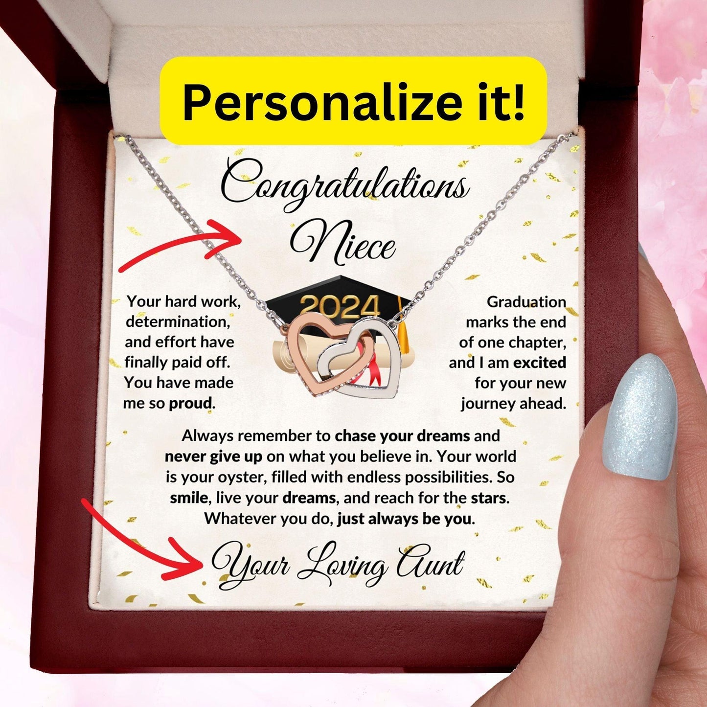 Niece Jewelry Graduation Class of 2024 Personalized Interlocking Hearts Pendant Necklace with Heartfelt Message and Gift Box - Mallard Moon Gift Shop