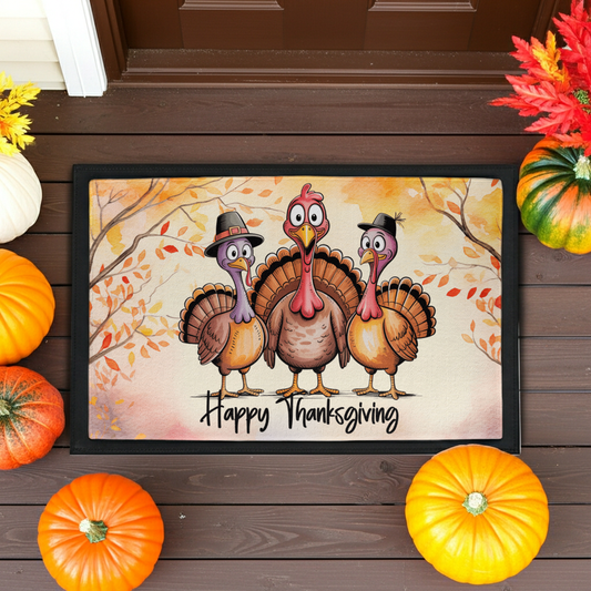 Happy Thanksgiving Turkey Doormat – Funny Fall Welcome Mat with Cartoon Turkeys & Autumn Leaves – Full-Color Entry Rug for Holiday Decor - Mallard Moon
