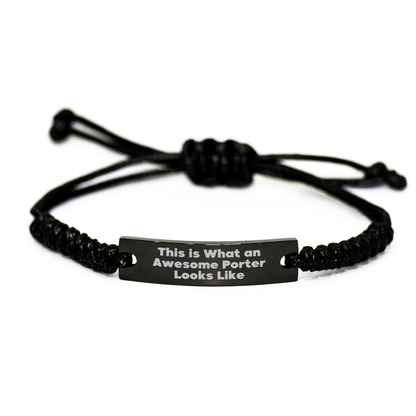 Awesome Porter Rope Braceltes Gifts from Family for Father's Day, 'This Is What An Awesome Porter Looks Like' Quote, Adjustable from 3.34 to 9.84 inches, Black Stainless Steel with Interlaced Rope - Image 1