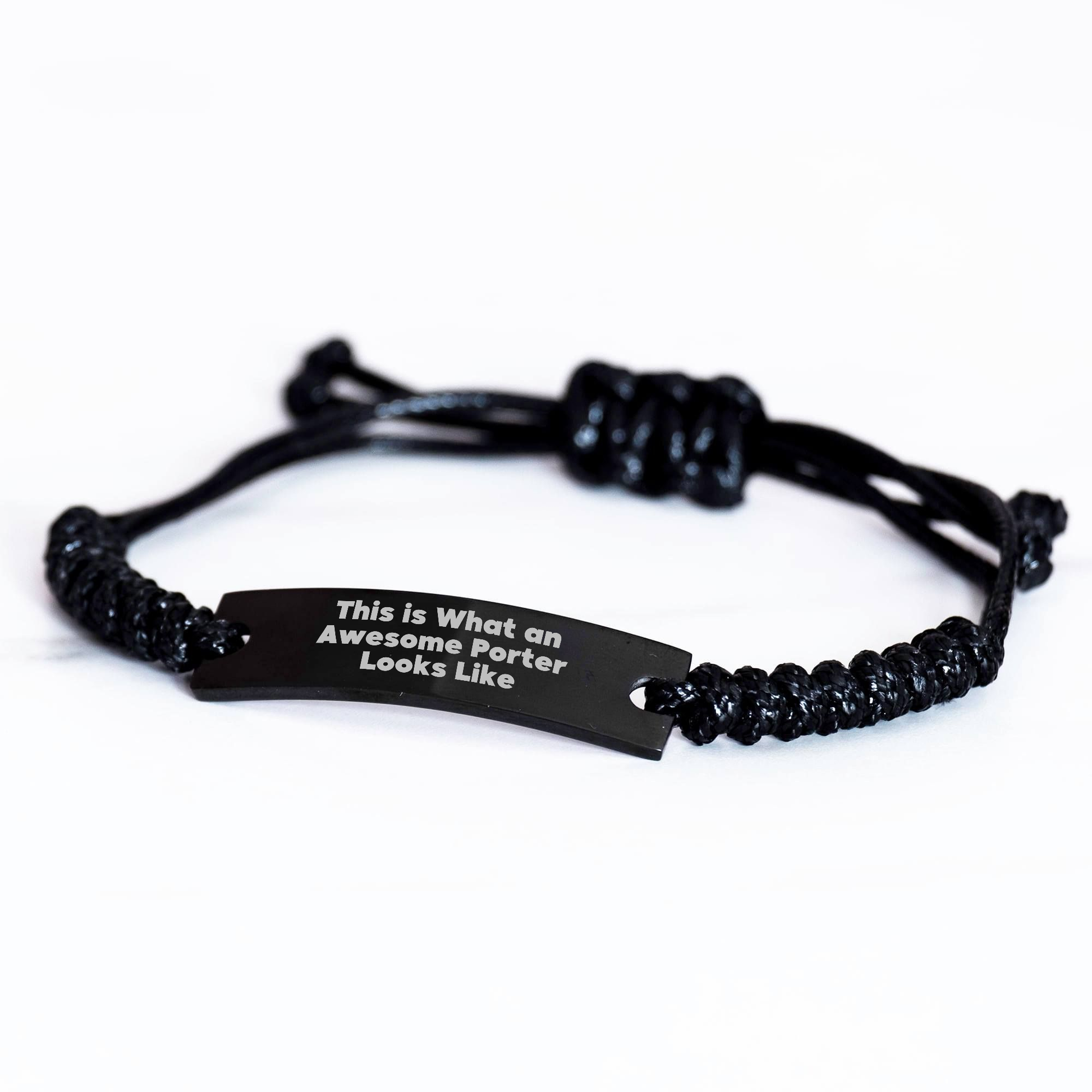 Awesome Porter Rope Braceltes Gifts from Family for Father's Day, 'This Is What An Awesome Porter Looks Like' Quote, Adjustable from 3.34 to 9.84 inches, Black Stainless Steel with Interlaced Rope - Image 2