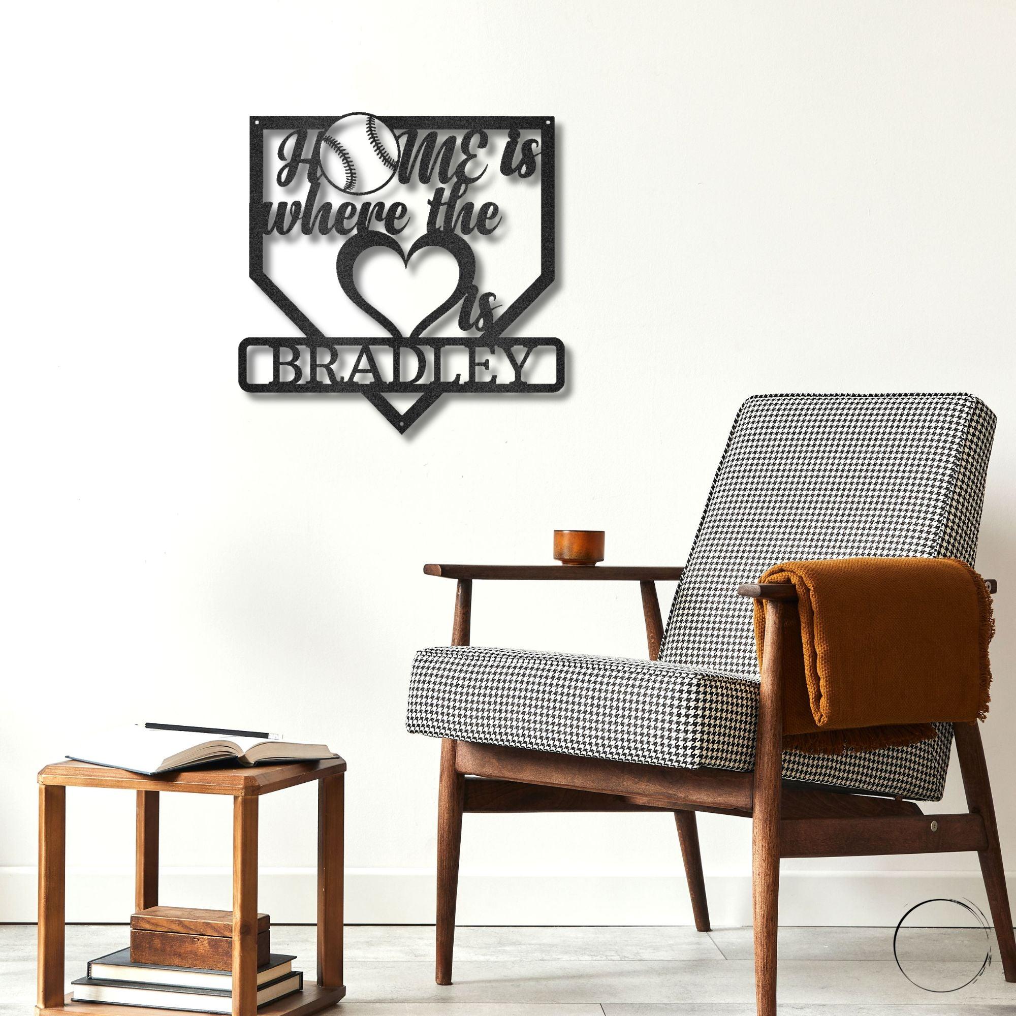 Baseball Home Is Where the Heart Is Custom Name Metal Art Wall Sign - Mallard Moon Gift Shop