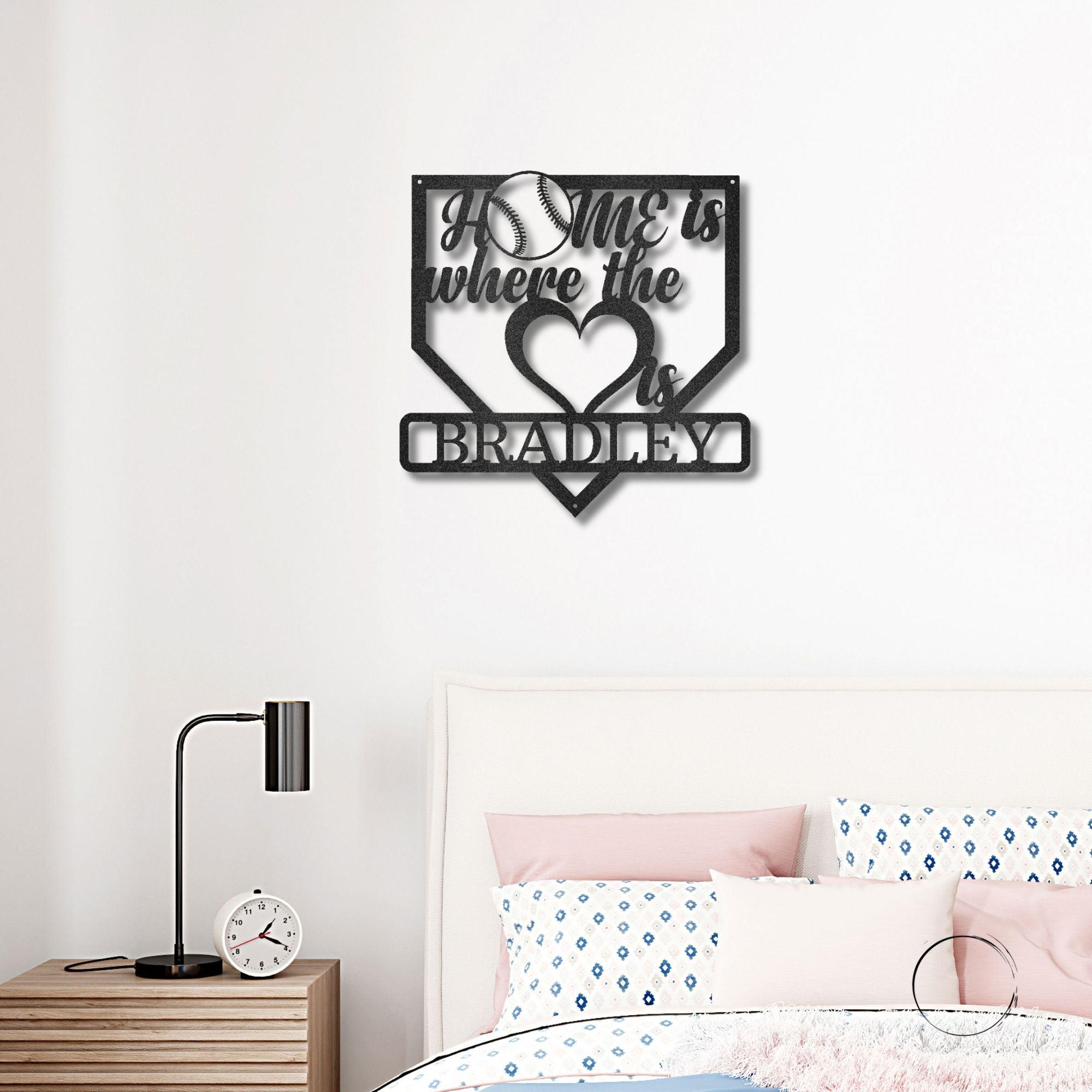 Baseball Home Is Where the Heart Is Custom Name Metal Art Wall Sign - Mallard Moon Gift Shop