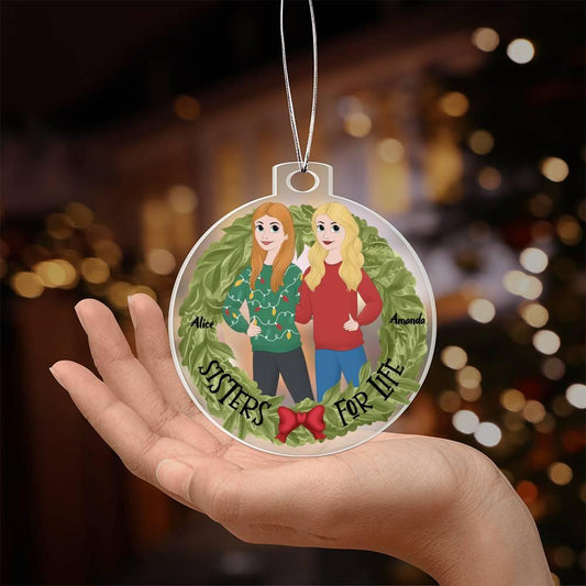 Sisters for Life Personalized Holiday Wreath Acrylic Keepsake Ornament