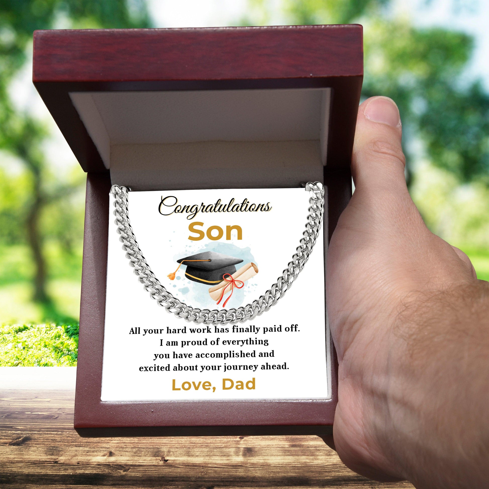 Son Personalized Graduation Gift - Your Hard Work Has Finally Paid Off - Cuban Chain Link Necklace with Message Card and Gift Box - Mallard Moon Gift Shop