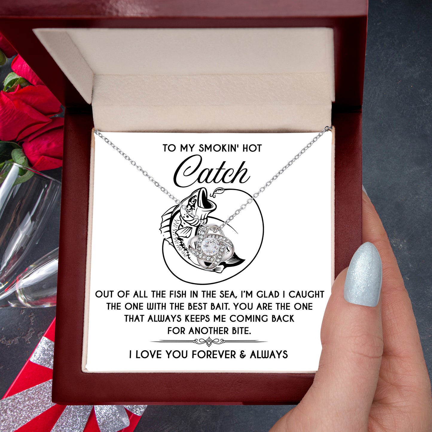 To My Smokin' Hot Catch Love Knot Necklace - Romantic Gift for Soulmate on Valentine's Day - Mallard Moon Gift Shop