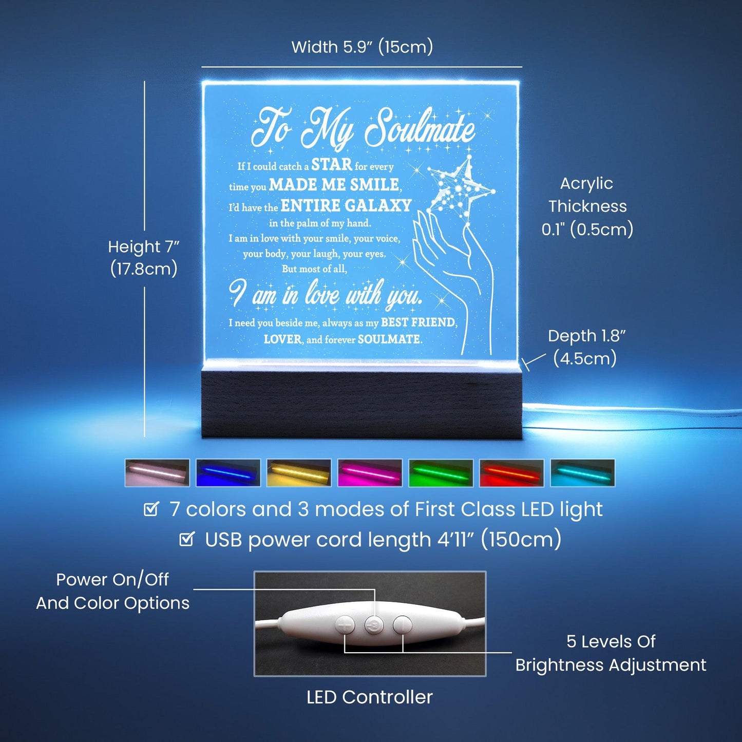 Soulmate Gift - Catch a Star Acrylic Plaque with Lighted LED Wooden Base - Mallard Moon Gift Shop