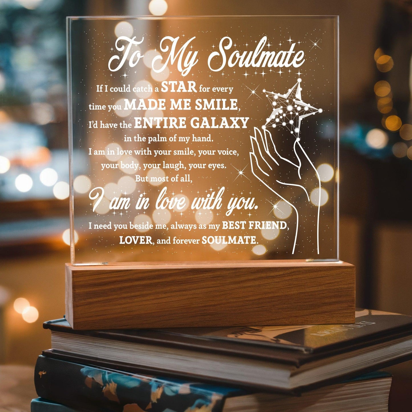 Soulmate Gift - Catch a Star Acrylic Plaque with Lighted LED Wooden Base - Mallard Moon Gift Shop