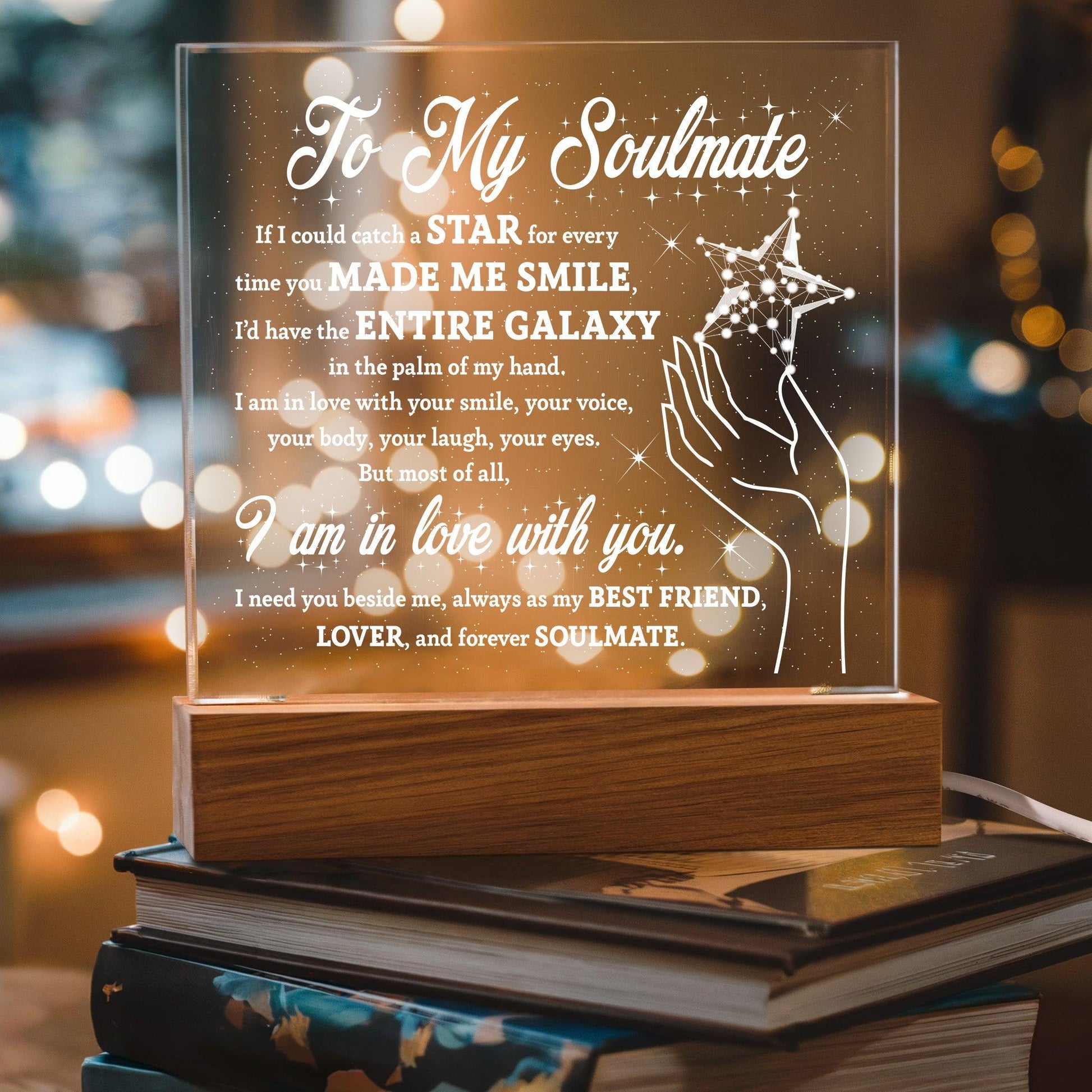 Soulmate Gift - Catch a Star Acrylic Plaque with Lighted LED Wooden Base - Mallard Moon Gift Shop