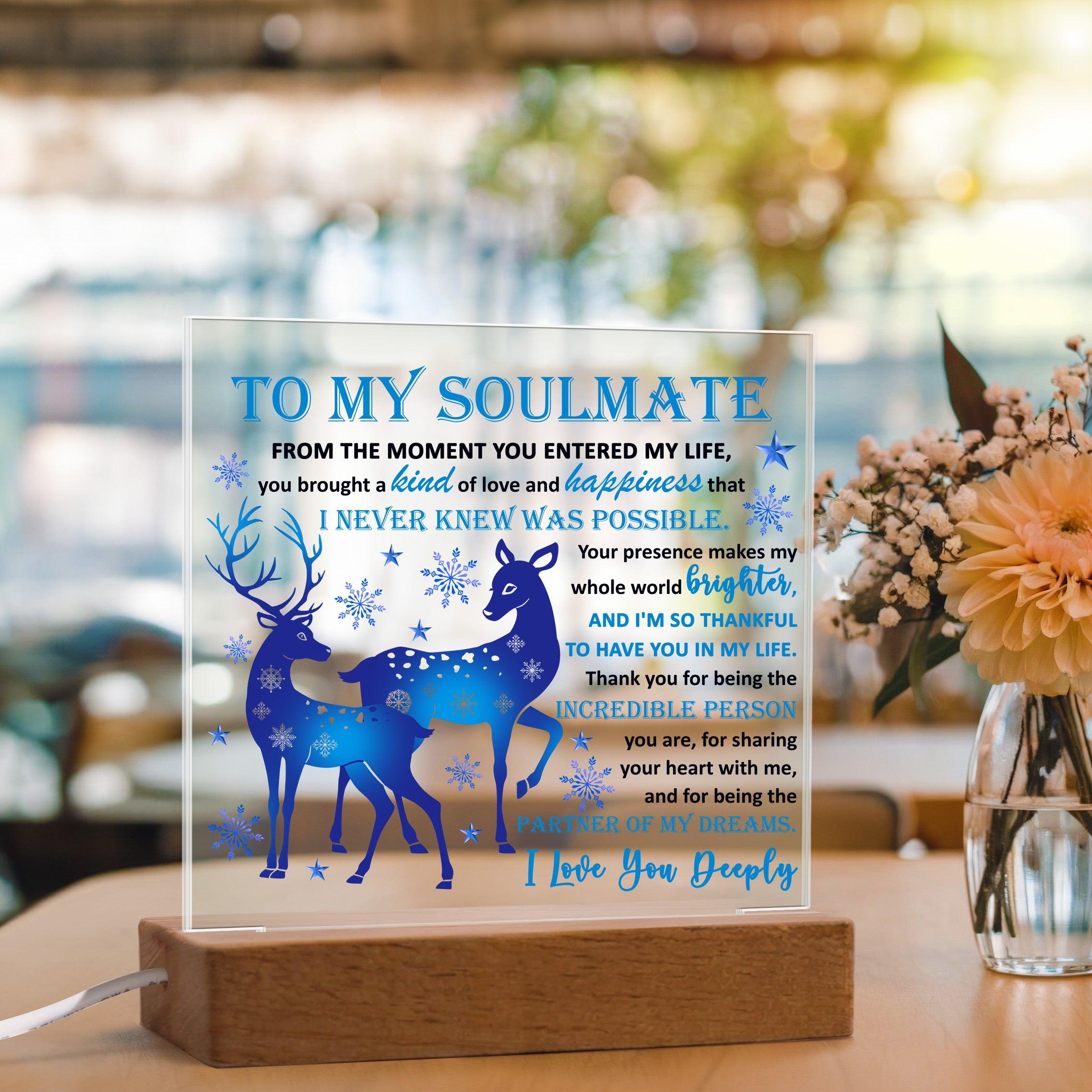 Soulmate - Partner Of Dreams Acrylic Plaque with LED Lighted Wooden Base - Mallard Moon Gift Shop