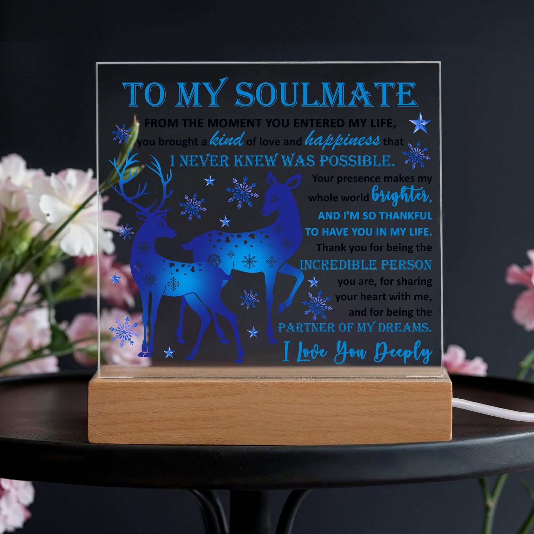Soulmate - Partner Of Dreams Acrylic Plaque with LED Lighted Wooden Base - Mallard Moon Gift Shop