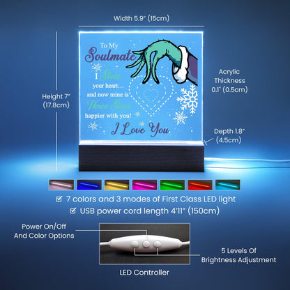 Soulmate Gift - Stole My Heart - Christmas Acrylic Plaque with Lighted LED wooden Base - Mallard Moon Gift Shop